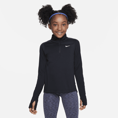 Nike Girls Dri FIT Long Sleeve 1 4 Zip Top Black Polyester 50 Recycled Polyester